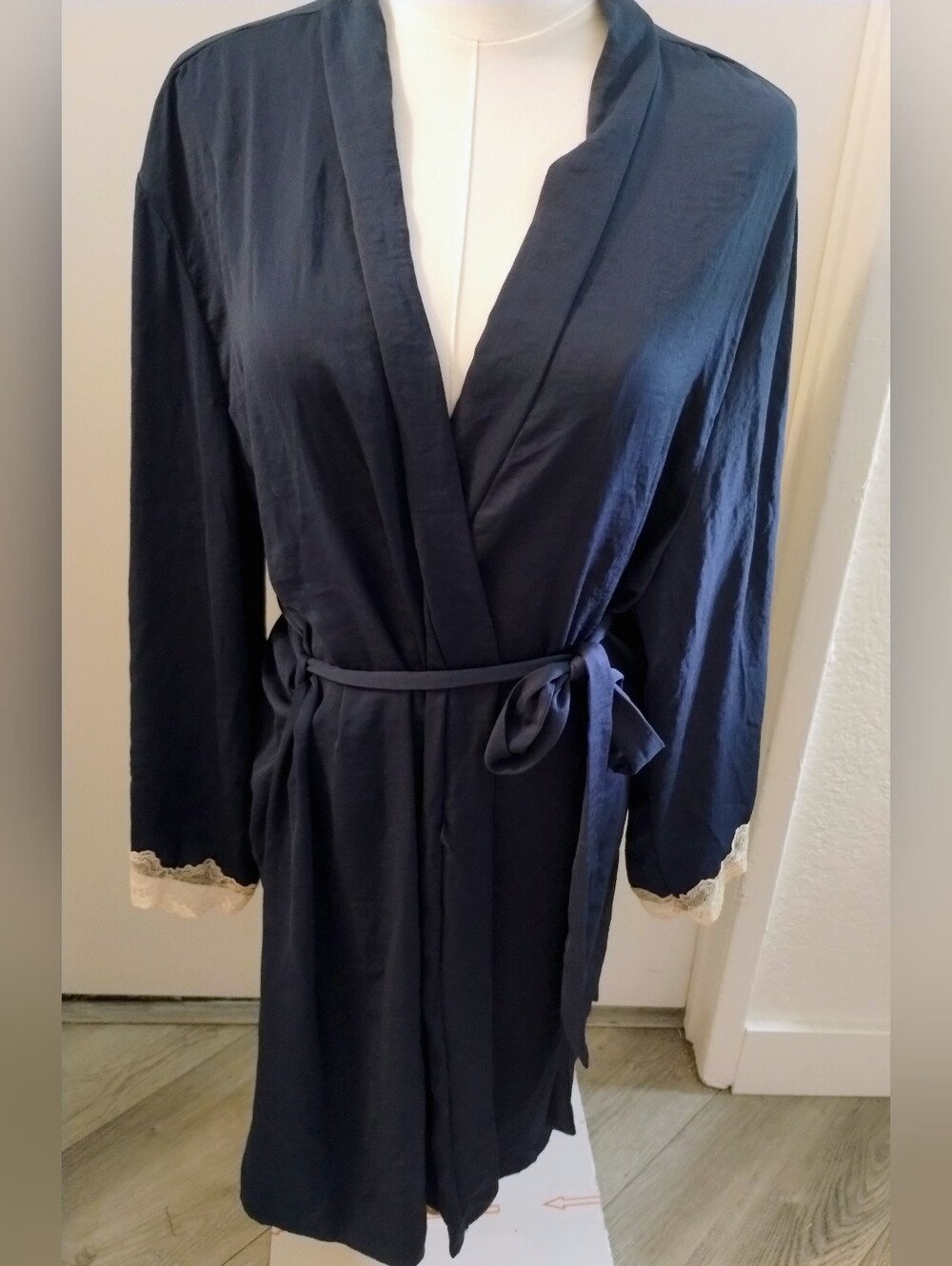 Women's Navy Lace-Trim Robe with Tie Belt